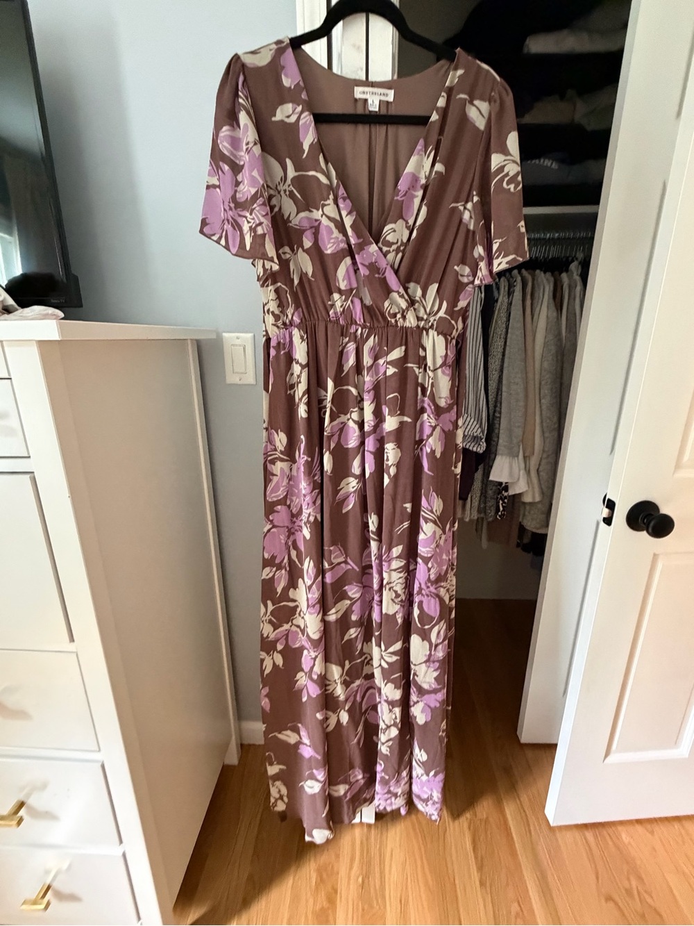 Brown Maxi Dress with Lavender Floral Print